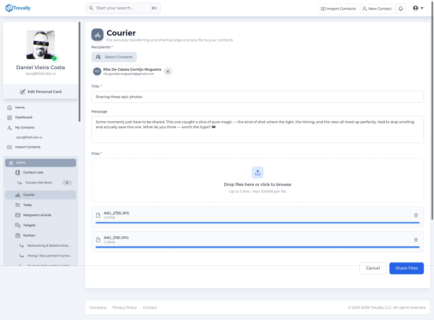 The Courier file sharing form with recipients, title and file upload