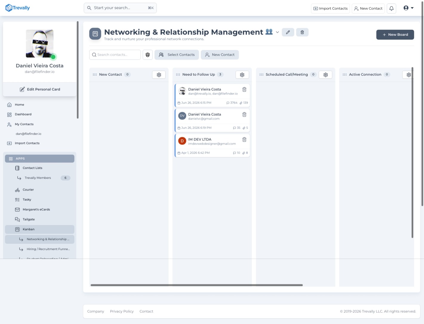 A Trevally Kanban sales funnel with contacts as live cards showing time-in-stage
