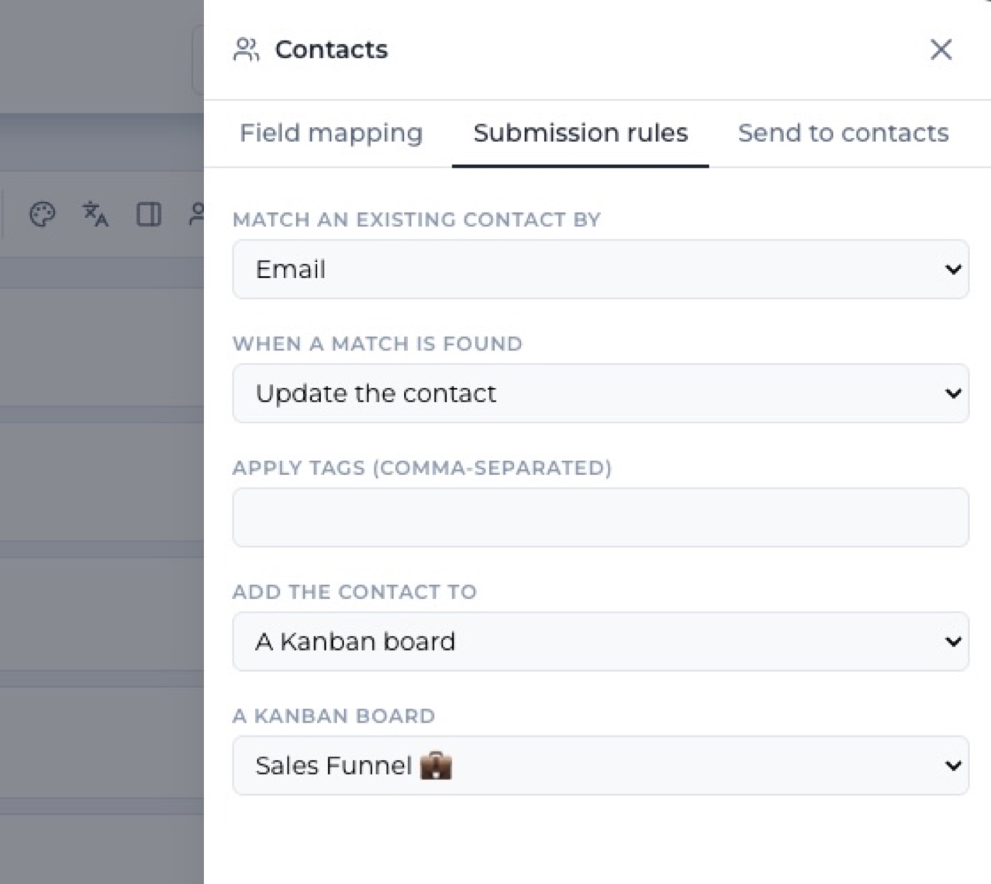 Formidable submission rules set to match a contact by email, update the contact, and add it to a Kanban board named Sales Funnel