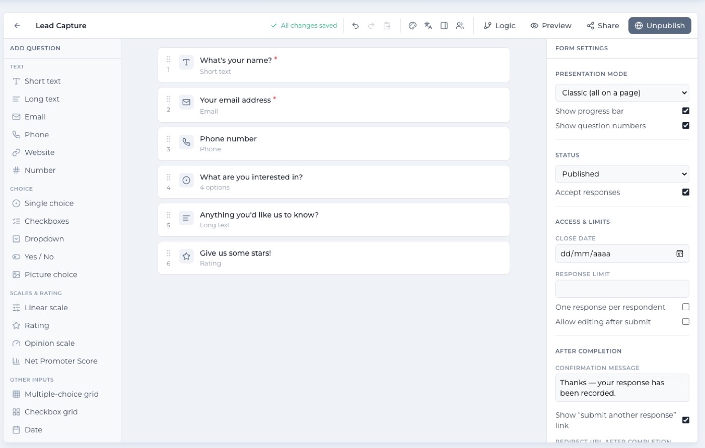 Formidable form builder with a drag-and-drop question palette, canvas and settings panel inside Trevally