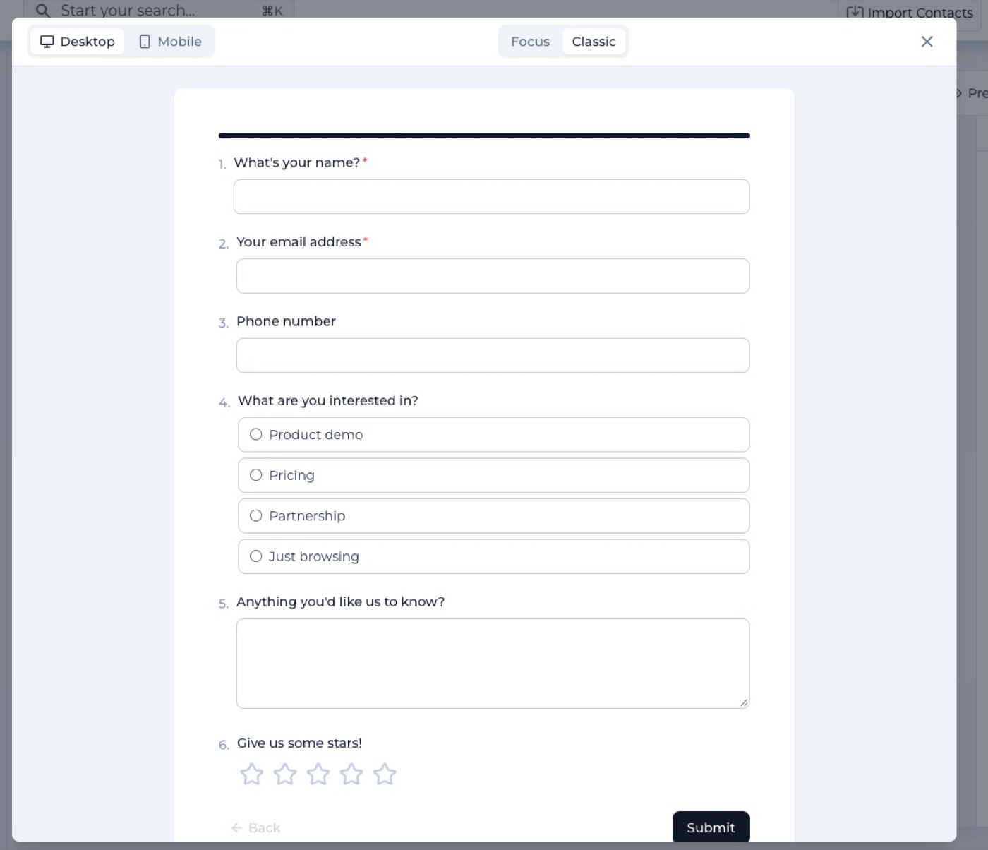 Formidable respondent preview with Focus and Classic mode toggle on desktop and mobile