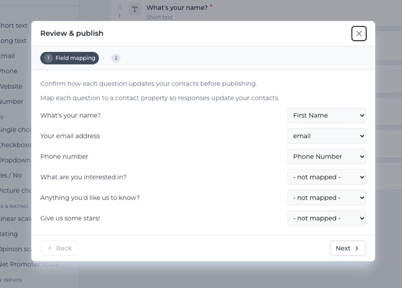 Formidable field mapping screen matching form questions to contact properties like First Name, email and Phone Number