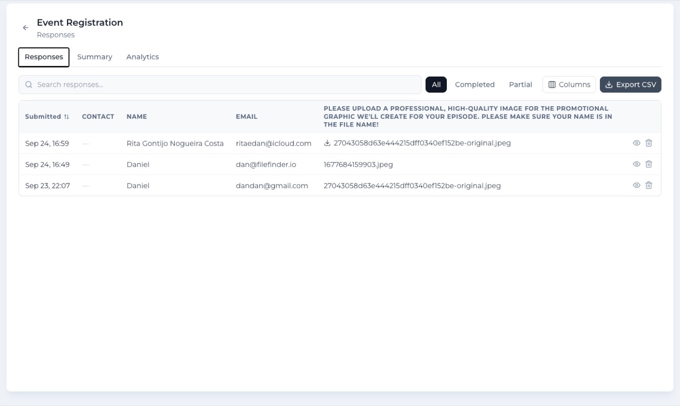 Formidable responses table with Responses, Summary and Analytics tabs, filters and CSV export