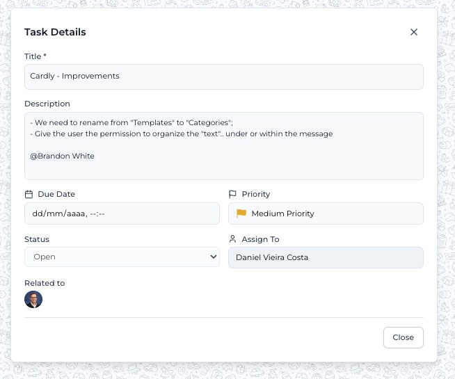 A task with a mentioned contact shown as related, with their photo and card link