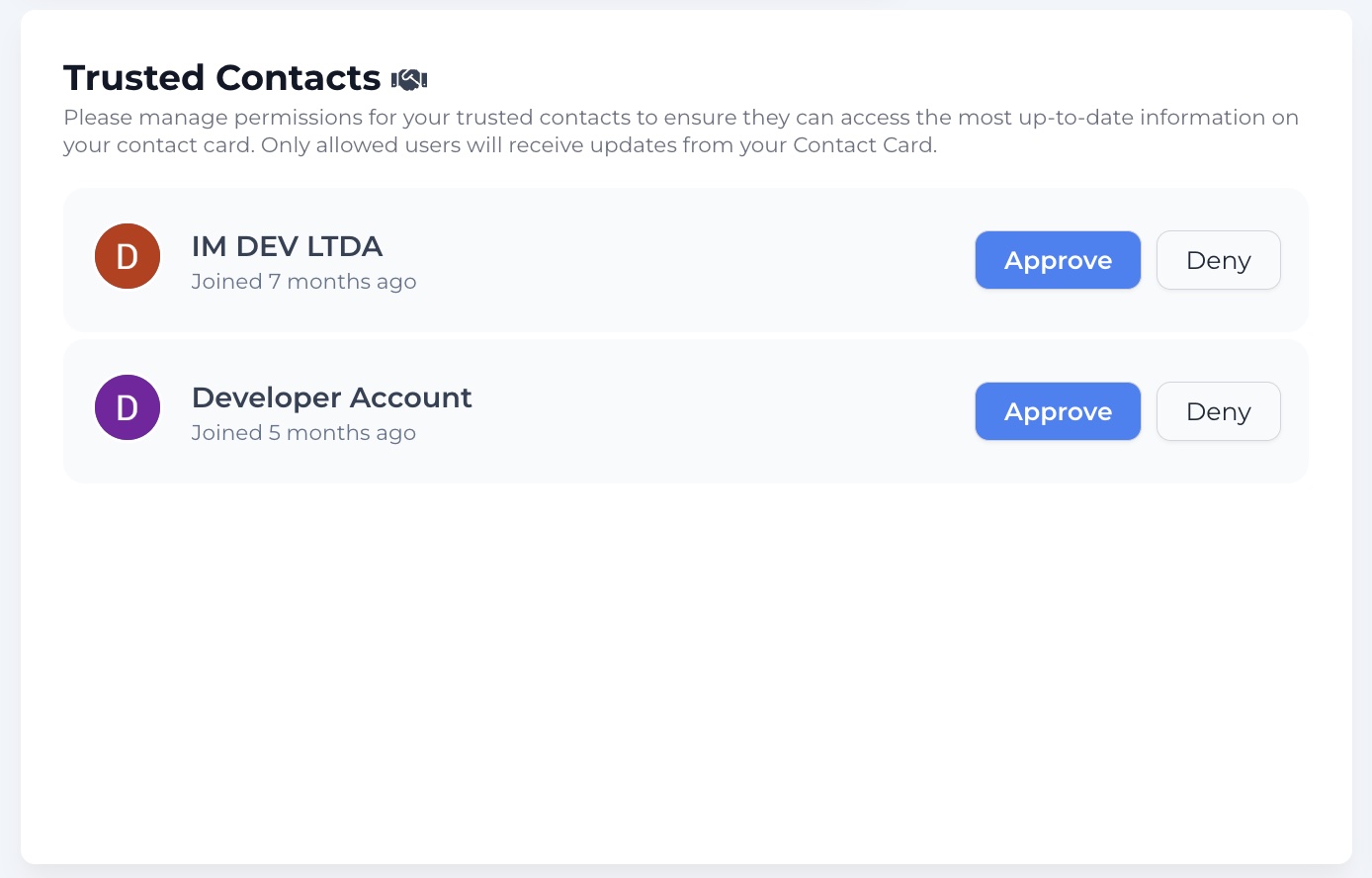 The Trusted Contacts widget with pending approval requests on the dashboard